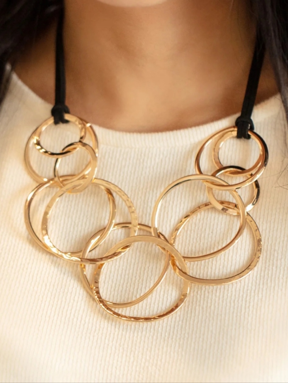 Gold-tone Hammered Interlocking Gold Rings Various Sizes Suede Cord Necklace